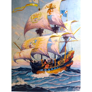 Manila Galleons Spanish Pirate Treasure Ship Art Print 1930s Lithograph Nautical